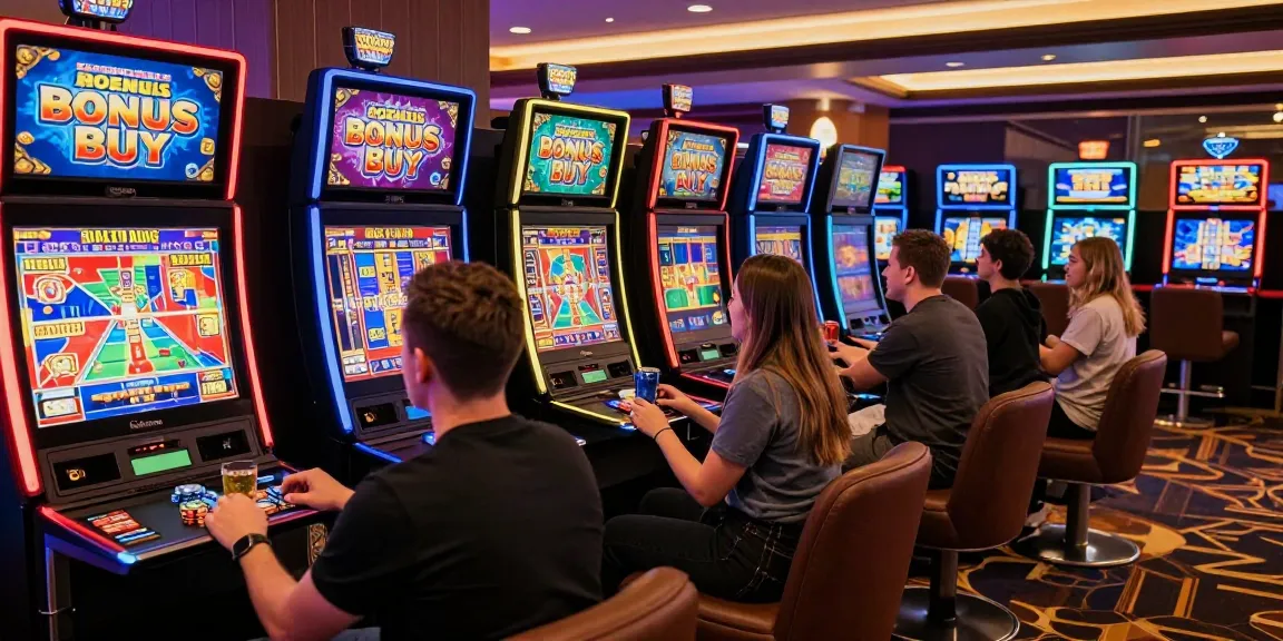 Engaged UK players exploring Bonus Buy slots at Miller Argent casino, highlighting vibrant gaming atmosphere.