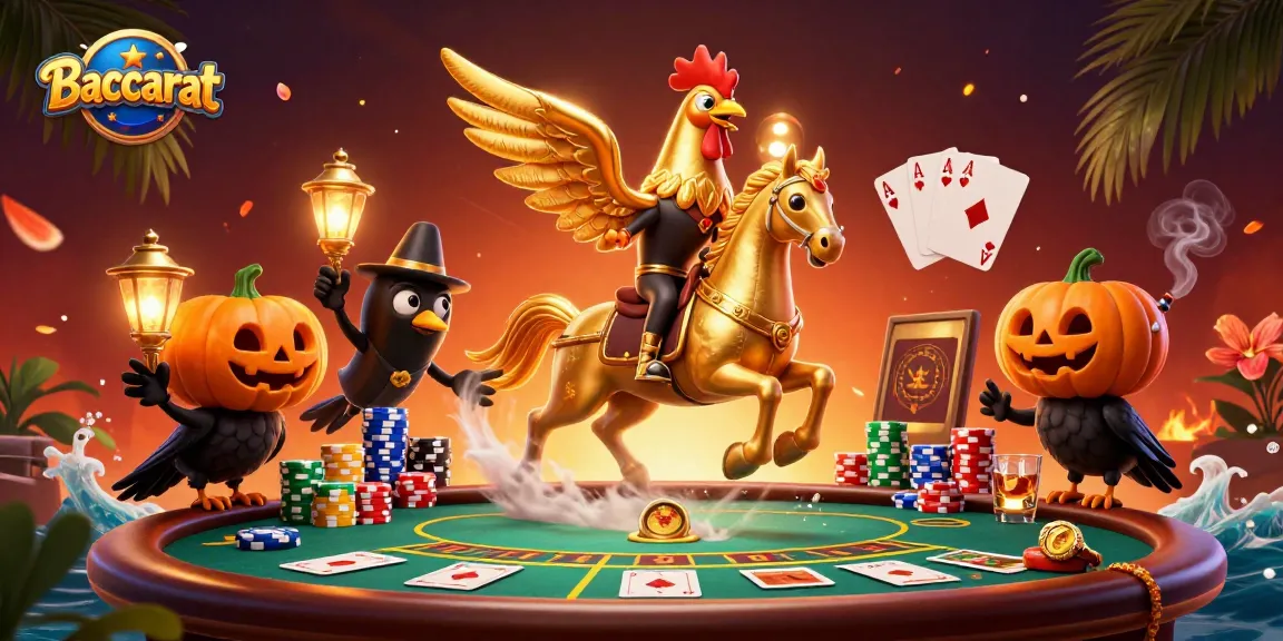 Baccarat game scene with a golden rooster and specter horse in an elaborate casino setting, showcasing vibrant gambling elements.