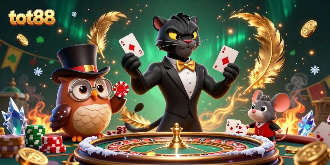 Experience the excitement of live casino action with tot88 featuring a stylish panther, owl, and lucky mouse.
