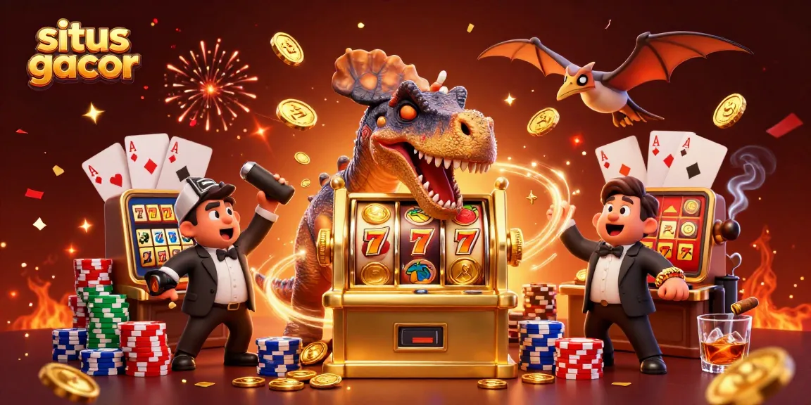 Situs gacor showcases a vibrant scene with a cartoon dinosaur headbutting a slot machine for jackpot coins, surrounded by poker elements.